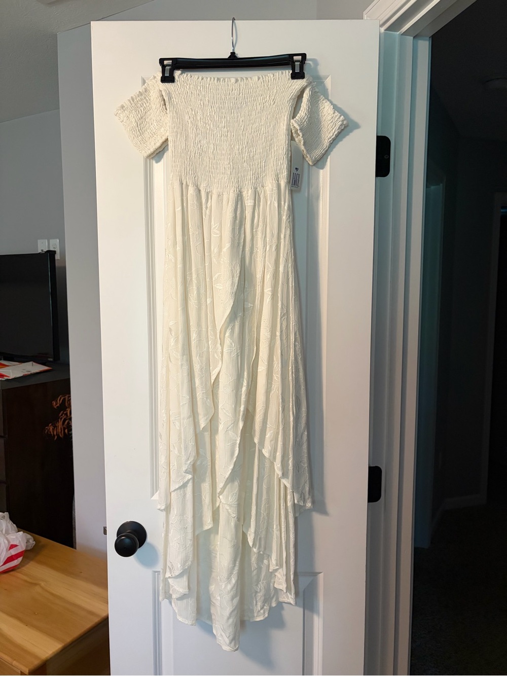 Lucy Love Cream Off-Shoulder Ruffled Maxi Dress